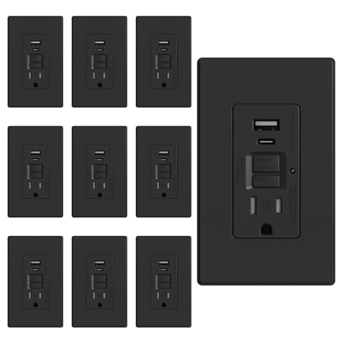 ELEGRP GFCI Outlet with USB Ports, 15 Amp Self-Test GFCI Combination with USB Ports, 24W Max Total Output, Tamper Resistant GFCI USB Outlet with Wall Plate, UL Listed, Matte Black, 10 Pack