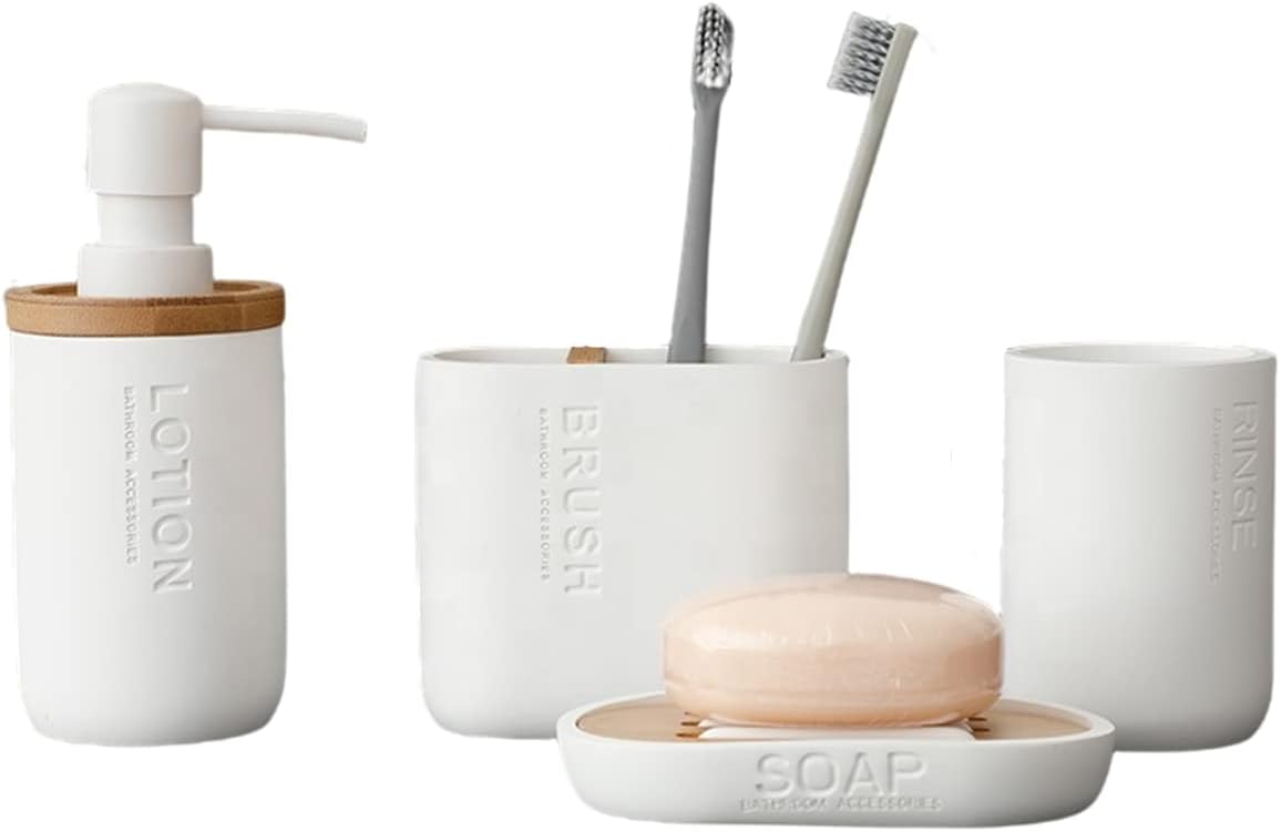 GCCL Bathroom Accessories Set - 4 Piece Bath Gift Set with Soap Dispenser, Tumbler, Soap Dish, Toothbrush Holder for Bathroom, Kitchen, Home or Hotel (WHITE)