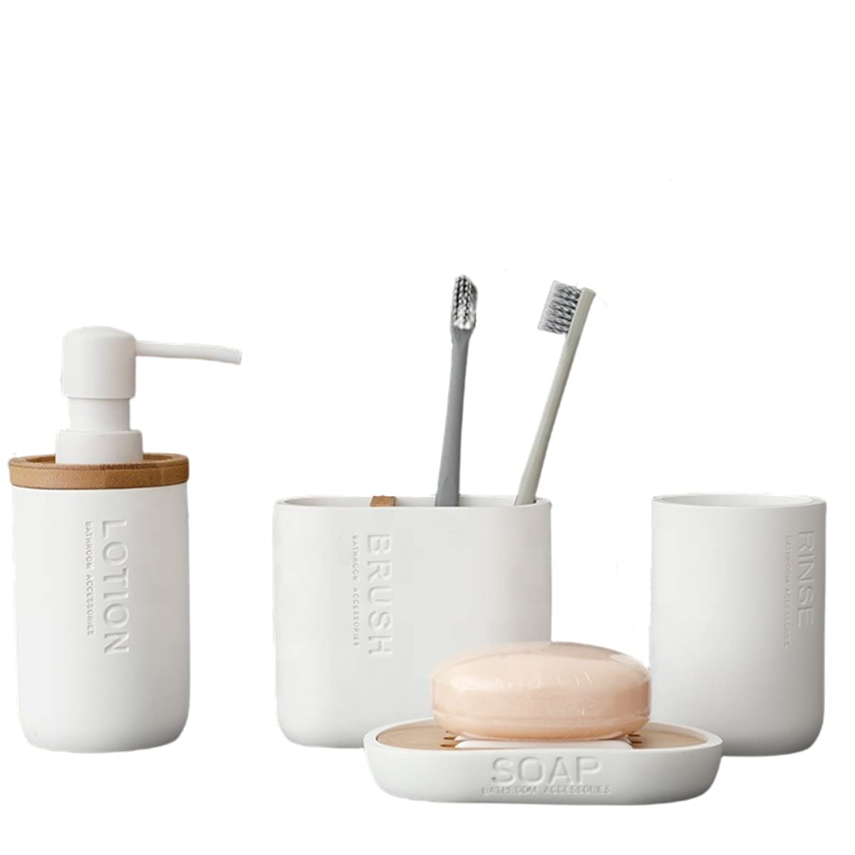 GCCL Bathroom Accessories Set - 4 Piece Bath Gift Set with Soap Dispenser, Tumbler, Soap Dish, Toothbrush Holder for Bathroom, Kitchen, Home or Hotel (WHITE)