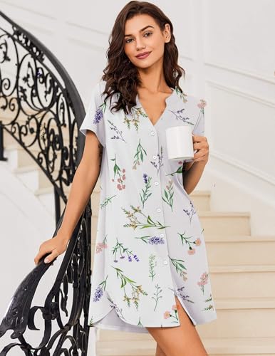 Image of Ekouaer Women V Neck Button Down Nightgown