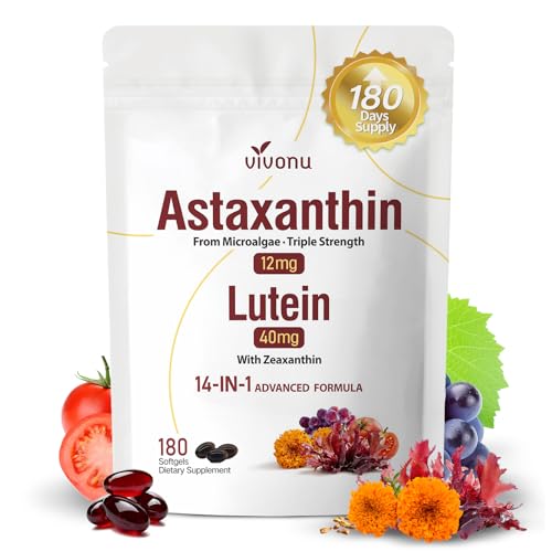 14-in-1 Astaxanthin 12mg & Lutein 40mg with Zeaxanthin Supplements 6 Month Supply Fresh Microalgae Source Supports Eye Skin Antioxidant Joint Circulatory Health Non-GMO Gluten Free 180 Softgels