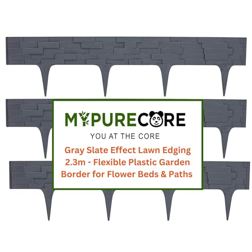 MYPURECORE Grey Stone Effect Lawn Edging 2.3m - Flexible Plastic Garden Border for Flower Beds & Paths | Weather-Resistant & Recyclable Palisade | Easy Install Edging for Grass, Gravel & Landscape