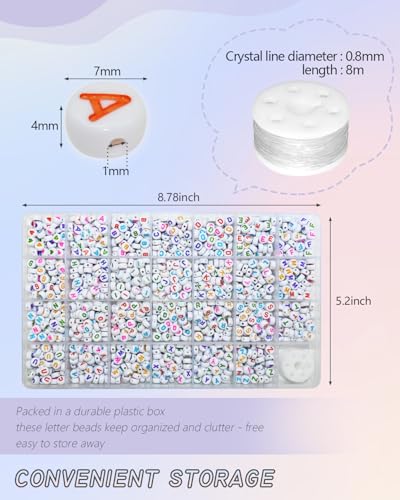 Image of Amaney 1400pcs Colorful Letter Beads 4x7mm Alphabet A-Z Heart White Flat Round Acrylic Beads and Crystal Line for Jewelry Making Bracelets Necklaces Key Chains (Colorful Heart)