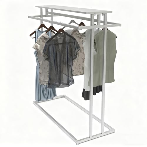 Perchero de pie multiusos con rieles dobles para colgar y estante superior, perfecto para tiendas de segunda mano, tiendas minoristas y armarios