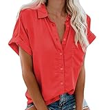 Women T Shirt Summer Solid Lapel V Neck Blouses Short Sleeve Button Down Tee Tops with Pocket Plus Size Loose Shirts Red