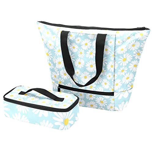 Sac fourre-tout bleu marguerite avec sa boîte à déjeuner isolante