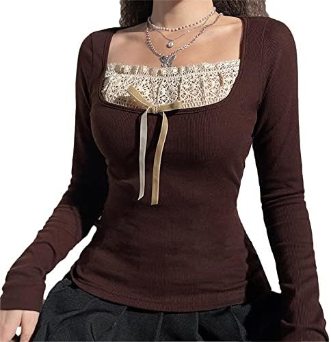 Women Y2k Fairy Grunge Babydoll Tops Long Sleeve V Neck Slim Fit Aesthetic Shirts E Girl Vintage Coquette Blouses