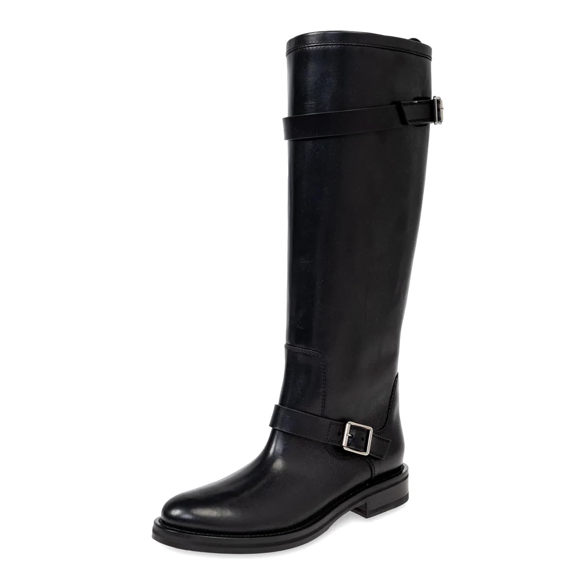 Women Knee High Boots Pull On Strap Buckles Motorcycle Riding Boot Round Toe Low Heels Shoes Party Holiday