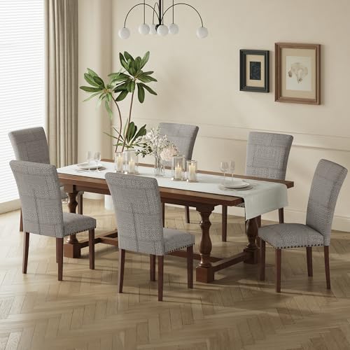 Image of COLAMY Upholstered Parsons Dining Chairs Set of 6, Fabric Dining Room Kitchen Side Chair with Nailhead Trim and Wood Legs - Boho