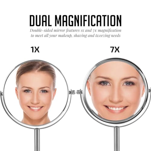 Image of OVENTE 6'' Tabletop Vanity Makeup Mirror, Nickel Brushed MNLT60BR1X7X | Double Sided Round Magnifying Table Mirror with 1X /7X Magnification, 360 Rotation, Perfect for Dresser Bedroom Office Travel