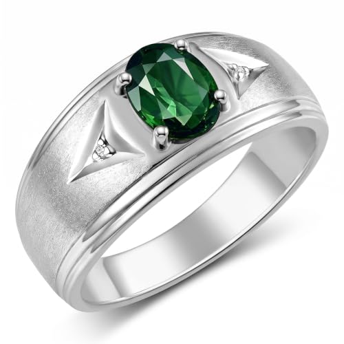 Image of Rylos Men's Rings Classic Design 8X6MM Oval Gemstone & Sparkling Diamond Ring - Color Stone Birthstone Rings for Men, Sterling Silver Rings in Sizes 8-13. Elevate Your Style with Timeless Elegance!