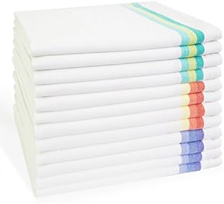Harringdons Kitchen Towels Set Of Premium 12 Dish Tea Towels 100% Cotton Large Dishcloths 50 X 70 cm Super Absorbent Table Decorative White With Blue Green Red Stripes