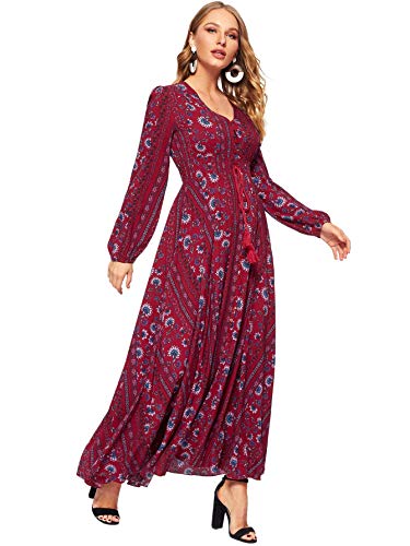 Milumia Women Tassel Tie Smocked Waist Button Up Botanical Dress Burgundy L