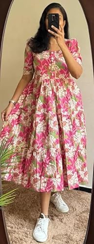 Image of Women's Floral Printed Tiered Midi Dress, Puff Sleeves, Square Neck, Button-Front
