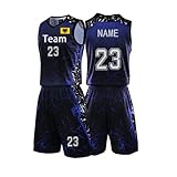 Benutzerdefiniert Basketball Trikot Shirt und Shorts 2 Teiliges Set Jeder Name Nummer Team Logo - Basketball Trikot Jungen Männer Personalisierte Basketball Shirt (Blau)