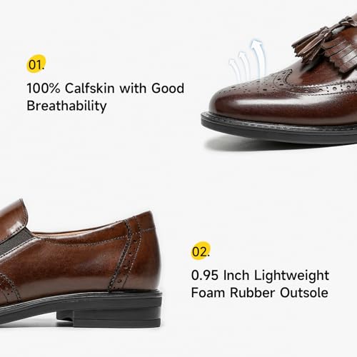 Image of BEAU TODAY Tassel Loafers for Women,Leather Brogue Dress Shoes,Wingtips Oxford for Women,Breathable Comfortable Slip-on Lace-up Handmade Flat Shoes for Business Work