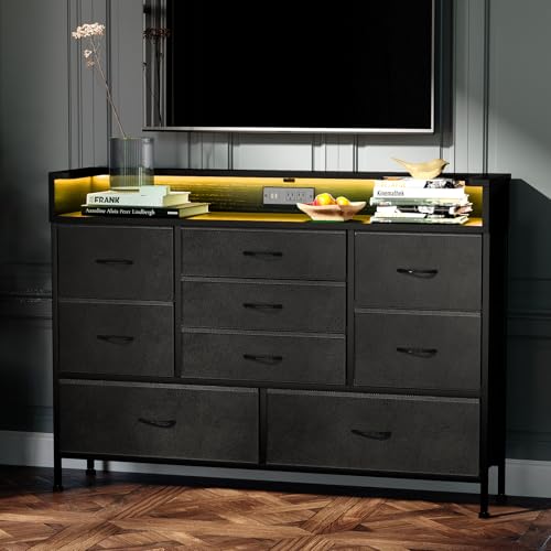 image for Fixwal Black LED Dresser, Dresser with 9 Drawers and Charging Station,