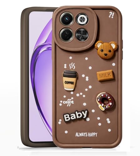 Image of Bintage CASE Cute Fun Taddy Cartoon 3D Ball Bear Milk Cake Coffee Silicon Case Full Body & Camera Protection Back Cover Compatible for Tecno Pova 6 Neo 5G - Brown