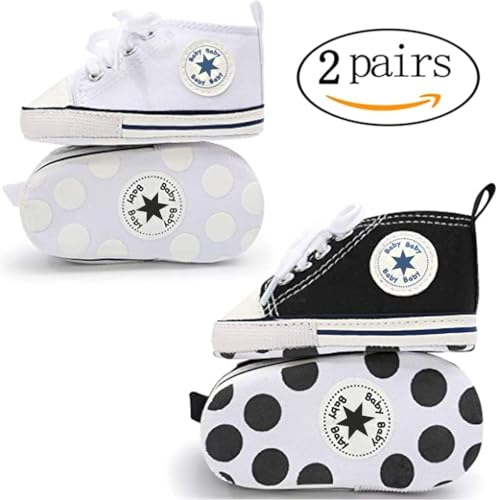 Image of Unisex Baby Boys Girls Shoes, Newborn Infant Non-Slip Canvas Denim High Top Sneakers, Toddler First Walkers Shoes