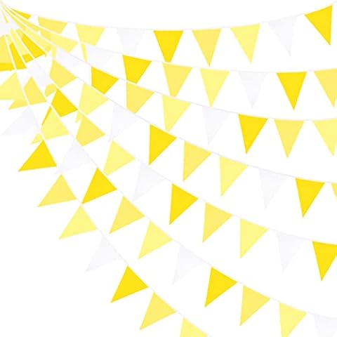 10M/32.8 Ft Yellow White Bunting Banner Fabric Cotton Pennant Bunting Triangle Flag Garland for Wedding Birthday Baby Shower Anniversary Nursery Autumn Outdoor Fall Festivals Party Decorations Cover