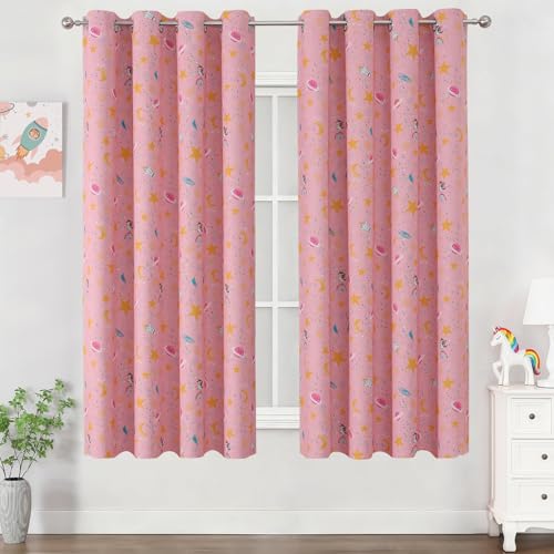Image of Unicorn & Rainbow Pink Room Darkening Curtains 63 Inch Long for Girls Room | Estelar Textiler Star Moon Kids Blackout Curtains for Nursery,Grommet Thermal Insulated Drapes for Playroom,52Wx63L,2 Panels
