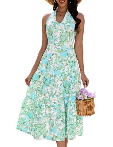 DRESSTELLS Women's Summer Casual Dress 2026 Boho Halter Neck Sleeveless Summer Floral Print Flowy A Line Maxi Dress for Beach Party Wedding Green M