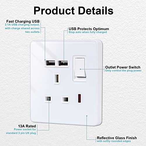 JIEMIDA Single USB Socket, Single Switched Fast Charging Power Socket with Two USB Charging Ports, 2.1V, 13 Amp Electric Power Socket, White Glass Crystal Panel With Status LED,250V