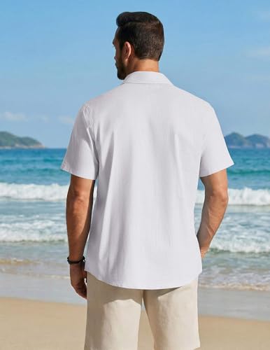 COOFANDY Mens Summer Shirts Cotton Linen Button Down Shirt Beach Vacation Clothes for Men White - Image 5