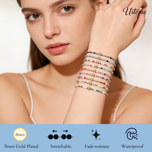 Ustome Colorful Stackable Rice Small Mini Seed Beaded Bracelets Set For Women, Handmade Dainty Boho Gold Cute Glass Pearl Stretch Accessories Jewelry,Summer Beach Party Daily Friendship Gift by Ustome - Used condition - Image 3