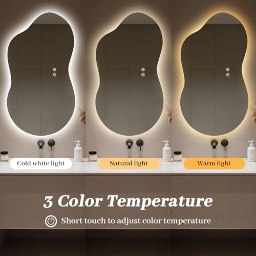 Image of WallBeyond 36 inchx20 inch Irregular LED Vanity Mirror with Backlight, Asymmetrical Bathroom Mirror with Lights for Makeup or Modern Sink Area, Anti-Fog & Dimmable, Horizontal /Vertical Mount