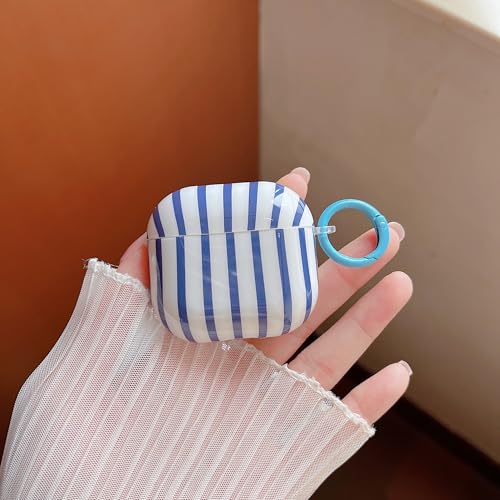Image of MINSCOSE for AirPods 4 Clear Case,Cute Striped Aesthetic Pattern Design with Trendy Keychain Ring,Soft TPU Protective Shockproof Cover with Cleaner Kit for Girls Women for Airpods 4-Dark Blue
