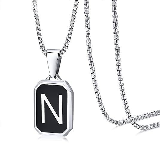 Initial N Letter Necklace for Men Women, Letter Pendant Necklaces Black Silver Square Capital Mens Stainless Steel Monogram Alhpabets Charm Gifts Jewelry, 24 inch Box Chain