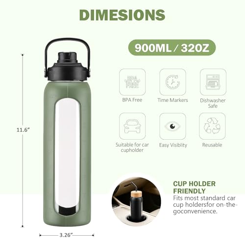 Image of 32 oz Glass Water Bottle with Straw - 2 Lids (Bamboo & Spout Lid), 1L Motivational Borosilicate Glass Daily Water Intake Bottle with Time Marker, Silicone Sleeve for Home Office-Olive