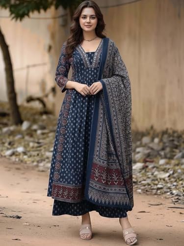 Image of ASSUME FAB Women's Blue Viscose Ajrakh Print Anarkali Kurta with Pant & Dupatta Set | Ethnic V-Neck Flared Salwar Suit for Wedding