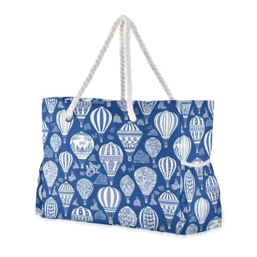 Hot Air Balloon Pop Navy Blue Portable foldable beach bag with zipper womens tote bags Good for Travel Pool Swim Beach Vacation Necessities