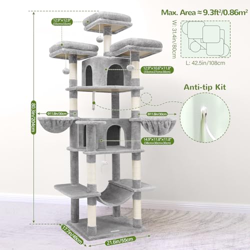 Image of Globlazer Big Cat Tower for Indoor Cats, 80inch Cat Tower for Multiple Adult Cats XXL Cat Tree with Scratching Post, Hammock, 3 Perches, 2 Condos, 2 Hanging Basket, F80, Light Grey