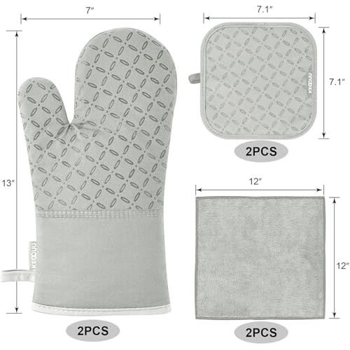 Image of KEGOUU Oven Mitts and Pot Holders 6pcs Set, Kitchen Oven Glove High Heat Resistant 500 Degree Extra Long Oven Mitts and Potholder with Non-Slip Silicone Surface for Cooking (Greenish Gary)
