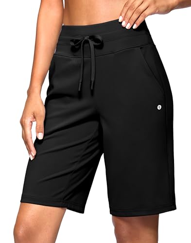 SANTINY Women's Bermuda Long Shorts with Pockets Drawstring High Waisted Athletic Knee Length Shorts Walking Casual Workout