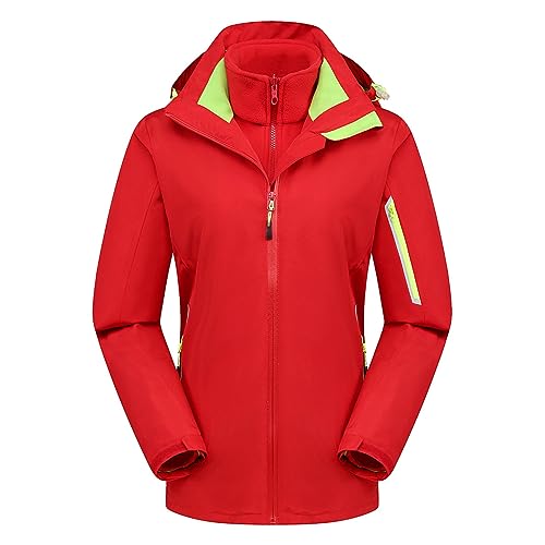 Hooded Waterproof Jacket Women Reflective Windbreaker Jacket 3 in 1 Plus Size Winter Warm Hoody Trench Coats Full Zip Casual Hoody Fleece Lined Softshell Coats Hiking Mountain 01 Orange XL