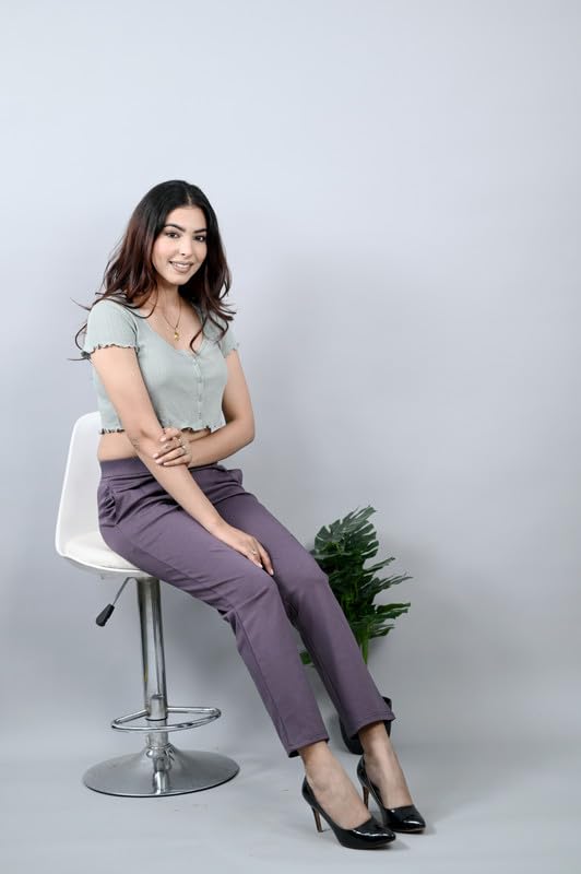 Image of Mlada Straight Fit Cigarette Pencil Pants Elastic Waist Band Mid High Waist Formal Office Trousers for Women, Pockets for Travel Stretch Cotton Knit Full Length Regular /Plus Size