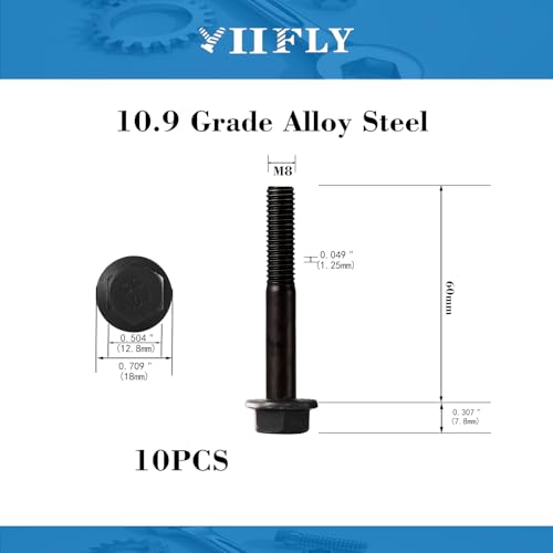 Image of M8 x 60mm Flanged Hex Head Bolts Flange Hexagon Screws, M8x1.25 Bolt, 10.9 Grade Alloy Steel, Hexagon Head Bolts, Black Zinc Finish, Half Thread,Quantity 8
