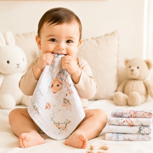 Image of Little Boo Muslin 6 Layer Organic Cotton Face Towels for Newborn Baby,Baby Bath Towel Wipes Extra Soft Hankies Handkerchief for Kids, Reusable for Toddlers Kids - (Pack of 5) Digital Print