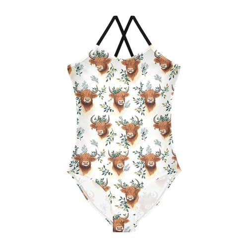 senya Girls Swimsuits One-Piece Swimwear Tie Bathing Suit Beach Summer Round Neck 7-8T Highland Cattle Leaves Pattern