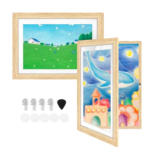 2 Stück Bilderrahmen für Kinderzeichnungen A4 Frontöffnung Kunstfotorahmen für Bilderrahmen Kinder Holz mit Acrylglas Befüllbar Fotorahmen zum Aufbewahrung & Darstellung von Kunstwerken Holzfarbe