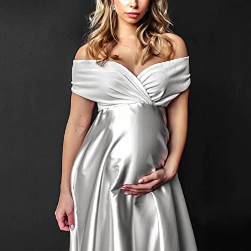Women's Long Maternity Dress For Photography Short Sleeve Prop Silk Dresses Party Dress Elegant Off Shoulder Dress (White, L) #TOP3