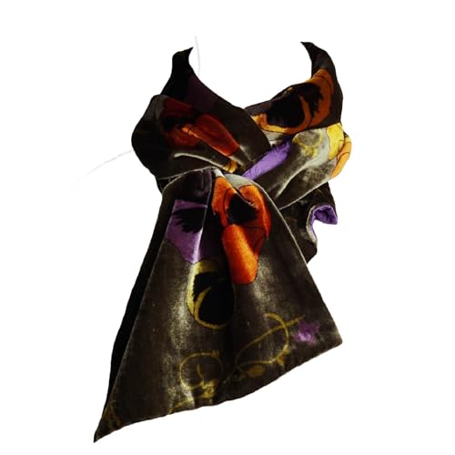 Silk Base Velvet Scarf, Pure Silk Lining, 58" L x10 W, Pansy, Olive Green/Violet4