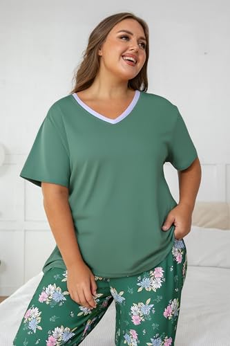 Image of Vozanet Women's Pajama Sets Short Sleeve with Long Pant Soft Sleepwear Printed pj Loungewear With TWO Pockets Size 1X to 5X