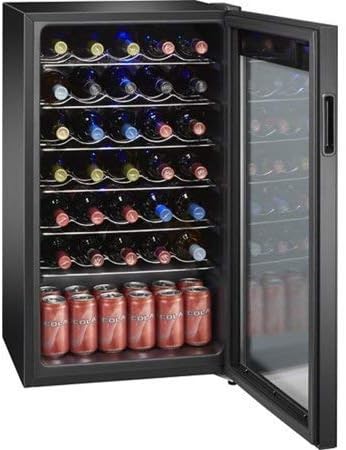 Arctic King AWCA034ADB Wine Cooler with door open, showing bottles and cans stored inside