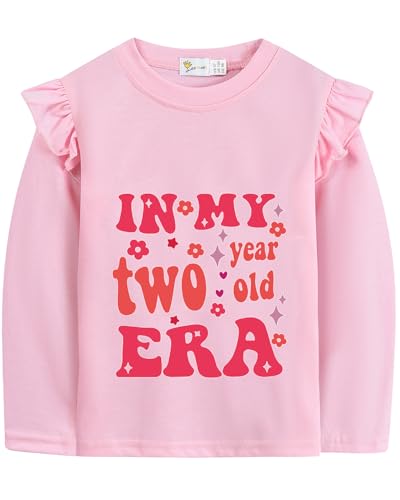 2nd Birthday Shirts for Toddler Girls in My Two Years Old Era Birthday Outfits Clothes Floral Ruffle Long Sleeve Tee Tops Pink 2T