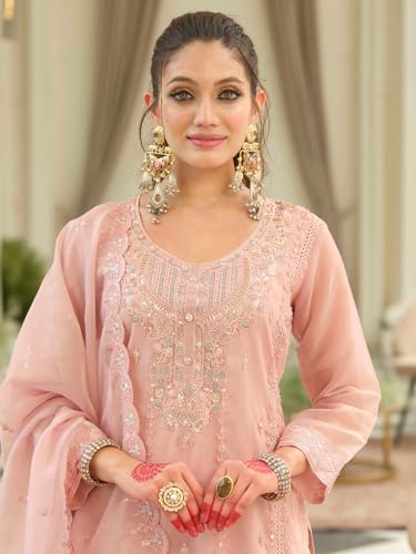 Image of INDO ERA Women's Silk Blend Floral Embroidered Straight Kurta & Pant With Dupatta Set (IEOUT12442)